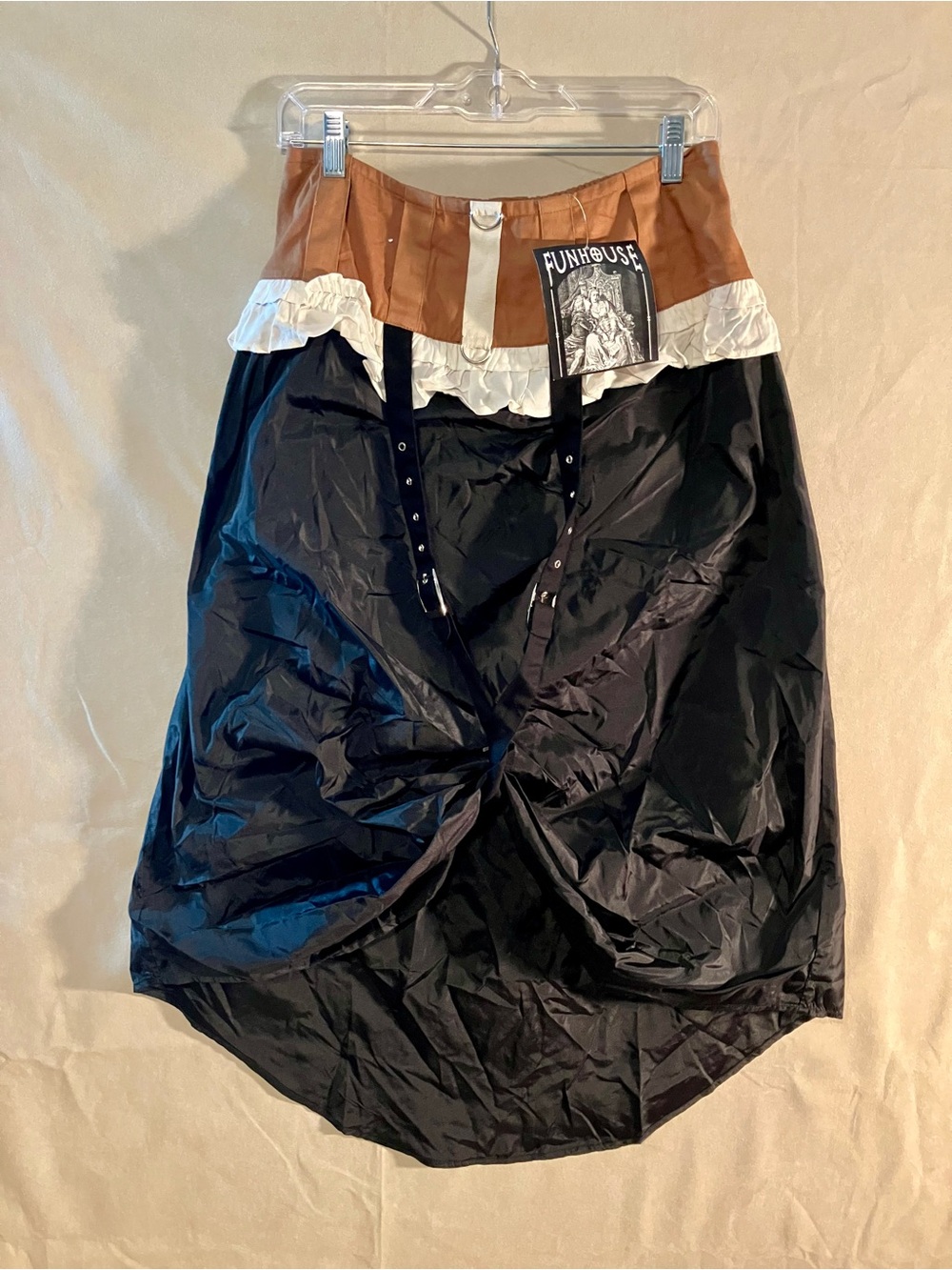 NWT Funhouse Womens XS Steampunk Maxi Skirt Ruffle Grommet Strap Gothic Hi Lo